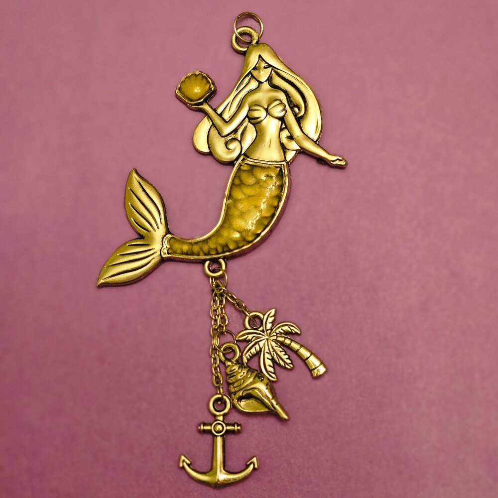 Large 4" Mermaid Necklace Charm With Attached Anchor, Sea Shell & Palm Tree